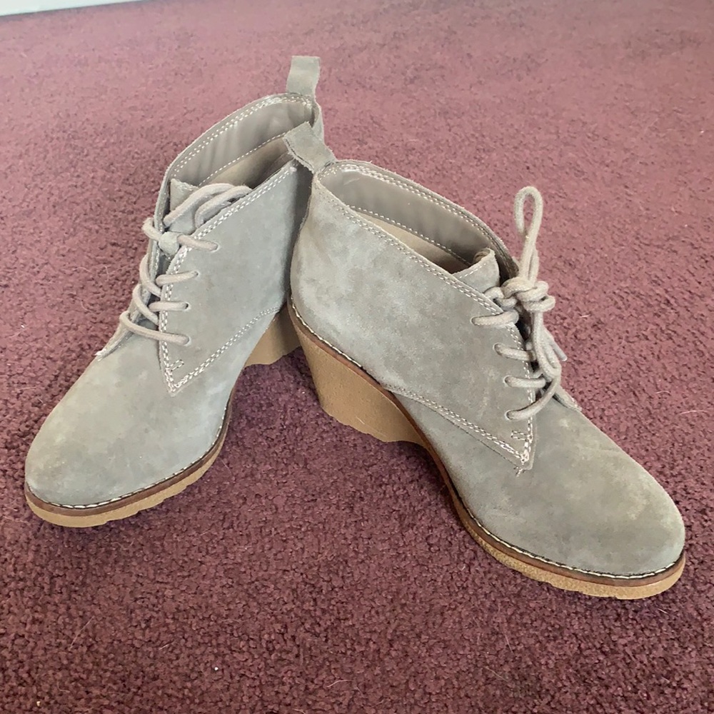 Light grey suede ankle boots with wedge heel